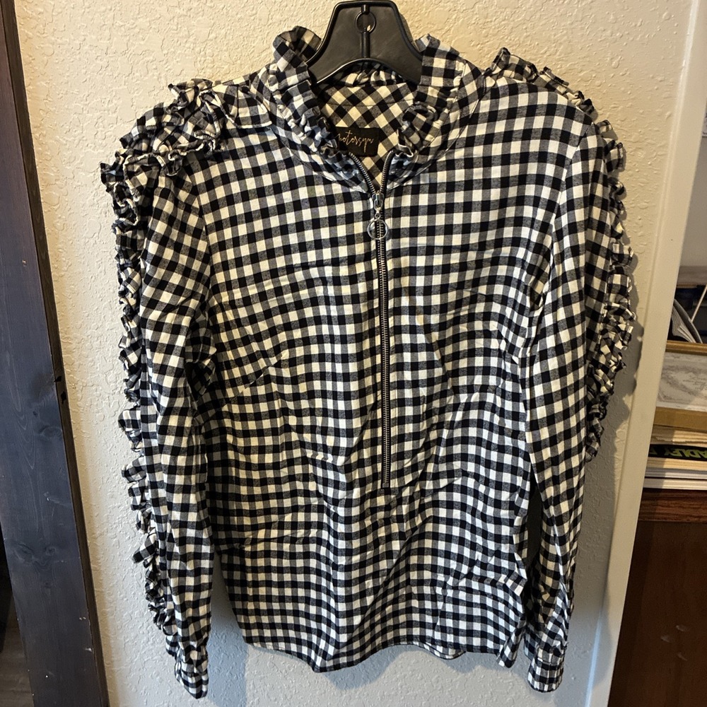 vtg Peterson black And White checked 3/4 zip blouse ruffle sleeve Size Large